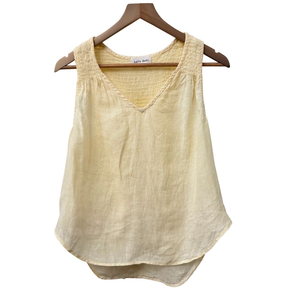 Bella Dahl Sleeveless Top XS Yellow Linen Smocked V-Neck High-Low